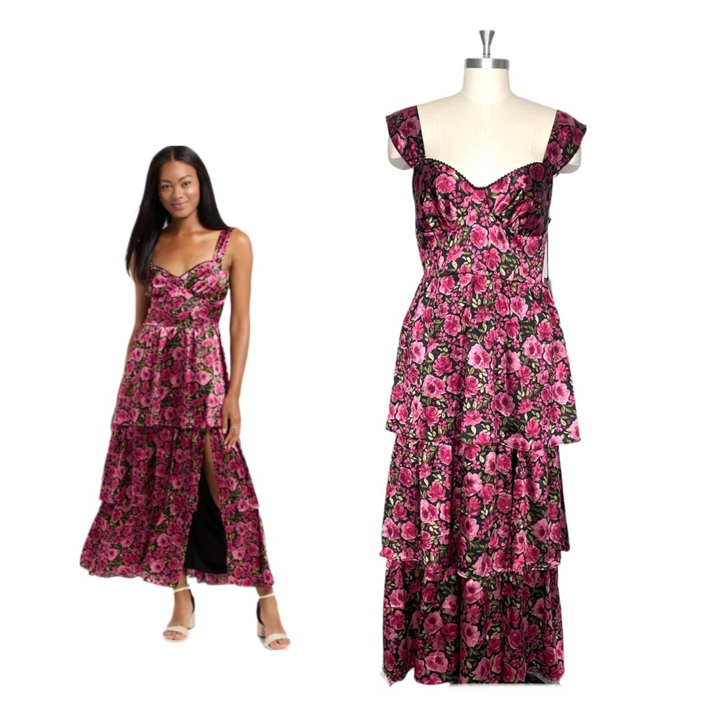 Crystal Doll Sleeveless Floral Tiered Dress Medium Romantic Roses On Black NWT